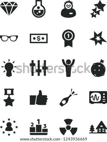 Solid Black Vector Icon Set - thumb up vector, pedestal, flask, glasses, nuclear, bulb, settings, oscilloscope, scientist, bang, man hands, flag on moon, medal with pennant, hero, diamond, dollar
