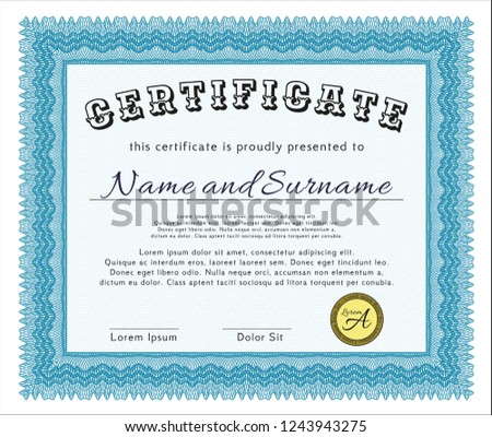 Light blue Certificate template or diploma template. With guilloche pattern and background. Excellent design. Detailed. 