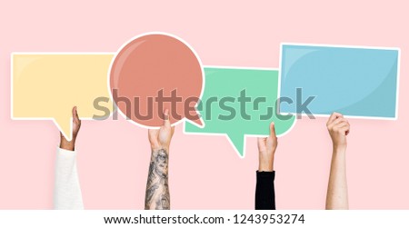 Hands holding speech bubble graphics