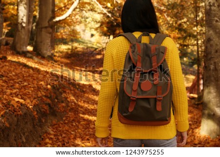 Woman with backpack walking in autumn forest. Space for text