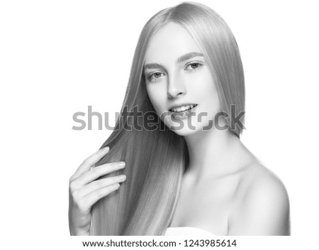 Monochrome long smooth hair woman portrait with healthy skin and natural makeup