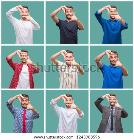 Collage of handsome young man over green isolated background smiling making frame with hands and fingers with happy face. Creativity and photography concept.