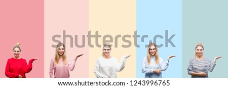 Collage of young beautiful blonde woman over vivid colorful vintage isolated background smiling cheerful presenting and pointing with palm of hand looking at the camera.