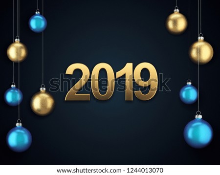 3D Rendering Christmas card with Christmas balls and the inscription 2019