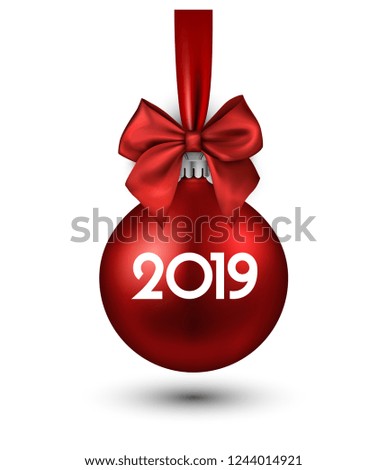 2019 New Year card with red 3d Christmas ball and beautiful satin bow isolated on white background. Greeting card or festive decoration. Vector illustration.



