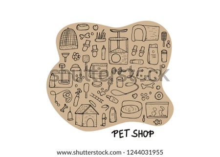 Pet shop concept. Set of vector domestics animals care symbols in doodle style. 
