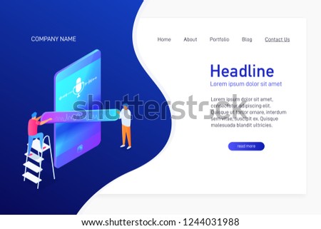 Landing page template with isometric concept of voice message communication, recording by phone, website main page, people having online conversation, vector illustration