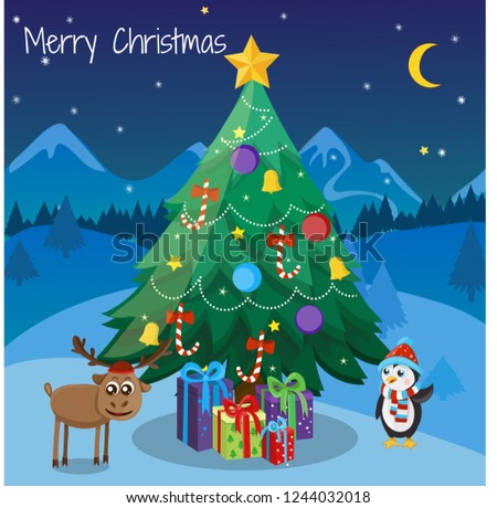 Merry Christmas. Winter season. Card with cute elk and penguin. Vector illustration.