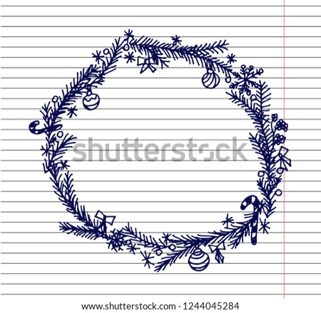 Christmas and new year decoration on copybook background. Christmas decorative frame. Christmas Tree Branches Border. Hand drawn Vector Illustration.
