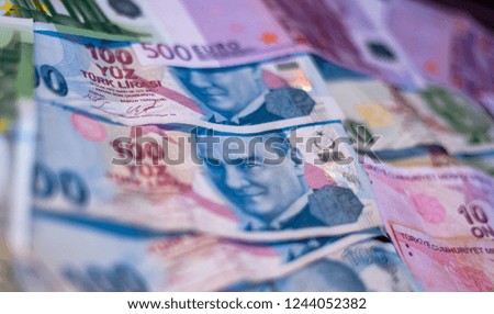 Euro And Turkish Lira Banknotes Stacked Up. For Forex an Financial reason, Turkey Crisis strong Dollar 