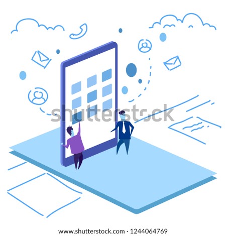 businessman touch mobile screen interface smartphone application concept business man hard working process online communication sketch doodle