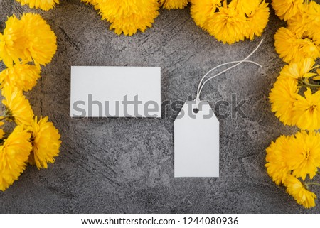 Preparation for creation of a corporate style. Business card and Blank Tag. Flower design, bright yellow color. Mockup.
