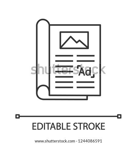 Article linear icon. Thin line illustration. Print advertising. Newspaper, magazine column. Article marketing. Print media. Contour symbol. Vector isolated outline drawing. Editable stroke Royalty-Free Stock Photo #1244086591
