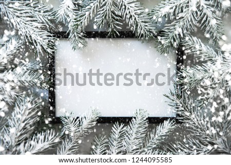 Christmas frame background with xmas tree. Merry Christmas greeting card, banner. Winter holiday theme. Happy New Year. Space for text. Flat lay