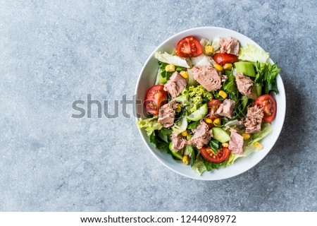 Tuna Fish Salad with Lettuce, Cherry Tomatoes, Cucumber and Corn. Royalty-Free Stock Photo #1244098972