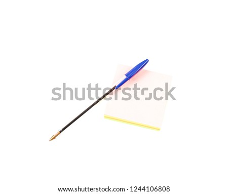 Blue pen and stack of post its against a white background