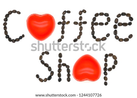 The inscription "Coffee Shop" with a red heart instead of the letters "o", isolated on a white background, the words written by coffee beans