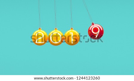 Minimal 2019 new year creative idea concept: Christmas balls on blue background. Copyspace for text