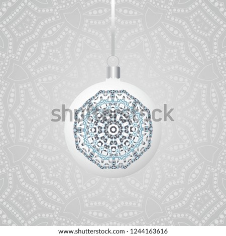 Round sphere Christmas ball hanging on ribbon. Collection of Baubles with ornaments. New Year Decoration. Vector illustration background design. 