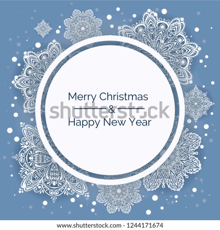 Christmas card with beautiful figured snowflake. Falling snowflakes on a blue winter background.