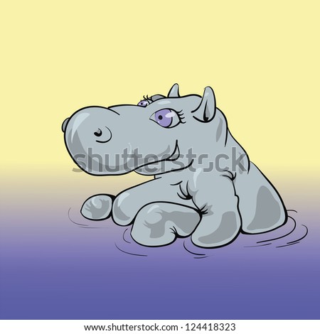 Raster colorful illustration with hippo sitting in water  for your design.