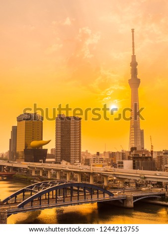 Beautiful cityscape with tokyo sky tree around architecture and building of tokyo city japan at sunrise time