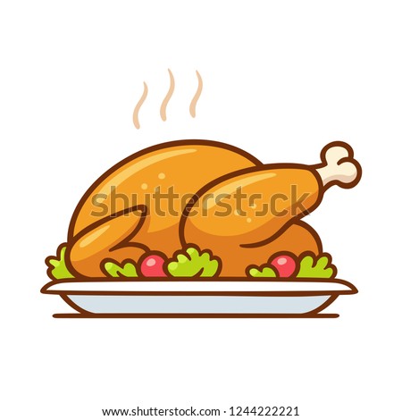 Roast turkey or chicken on plate, traditional holiday dinner vector clip art illustration. Simple cartoon style isolated drawing.