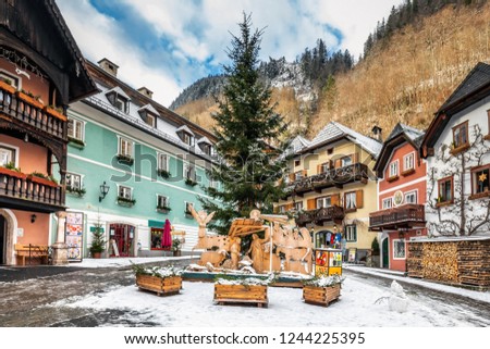 Scenic picture-postcard view of famous Hallstatt mountain village in the Austrian Alps at beautiful light in winter, Salzkammergut region, Hallstatt, Austria.