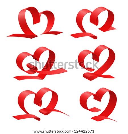 Heart from red ribbon set, love symbol, raster version