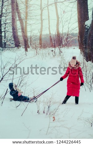 Woman pulling sled with her little daughter, a few years old girl, through forest covered by snow while snow falling, enjoying wintertime, spending time together. They are wearing winter clothes