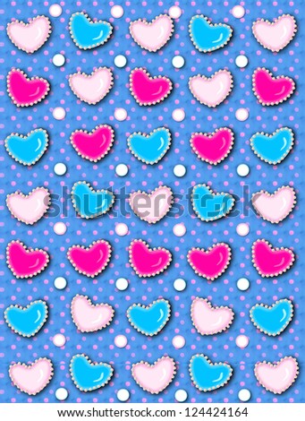 Blue background has pink polka dots and 3D hearts surrounded by tiny, cream colored pearls.  White polka dots are outlined in blue and pink.