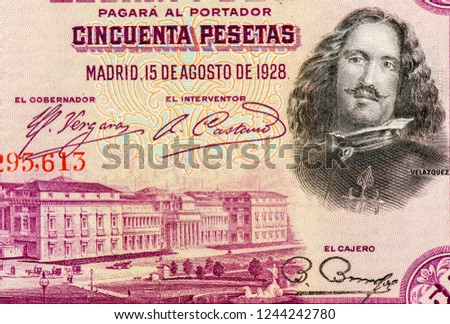 Diego Velazquez. Portrait from Spain 50 Pesetas 1928 Banknotes. 