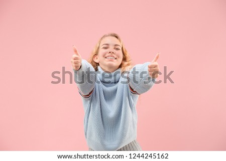 I am ok. Happy woman, sign ok, smiling, isolated on trendy pink studio background. Beautiful female half-length portrait. Emotional woman. Human emotions, facial expression concept
