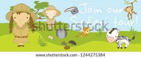 Safari tour scene. Two kids discover safari life. Cute hand drawn vector illustration. Minimalistic kid style facebook cover template. For your company presentation, promotion or other purposes.