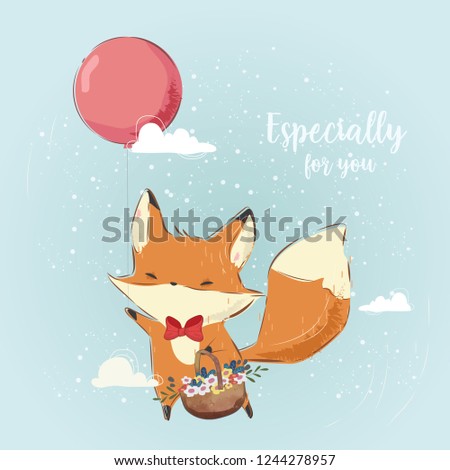 Cute Fox Bringing a Basket with a Balloon