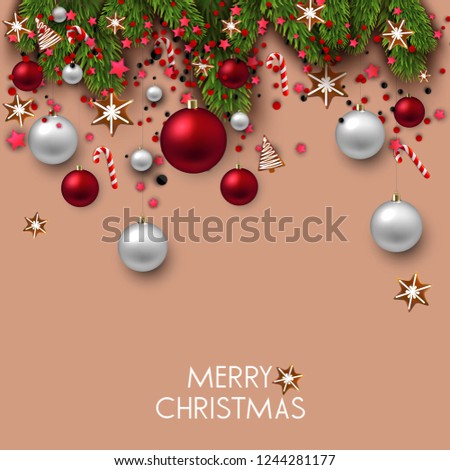 Christmas background with balls, gift boxes and fir twig. Colorful Xmas baubles. Vector