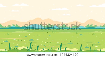 Green grass field with plants along meadow, ground with stones near the bushes, nature game background in simple colors and flat style, tileable horizontally Royalty-Free Stock Photo #1244324170