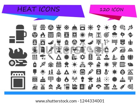 Vector icons pack of 120 filled heat icons. Simple modern icons about  - Thermo, Match, Campfire, Torch, Grill, Radiation, Oven, Sun, Beanie, Matches, Global warming, Fire, Fan, Matchbox