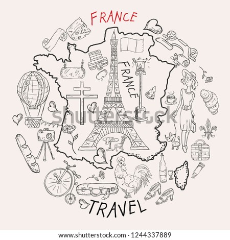 
vector contour illustration, coloring, on the theme of a trip to the country of Europe, France, symbols and attractions, a set of drawings, print design and web design, Doodle style