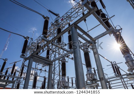 115 kV substation main and transfer bus scheme and supply through the sub circuit breakers to supply to customer. Royalty-Free Stock Photo #1244341855