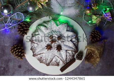 
Traditional Christmas Cake Dusted with Icing Sugar with Cinnamon and Nuts