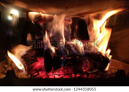 Close-up of fire and flames in a fireplace at home.