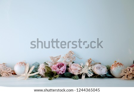Flowers background on white. Copy space text. Winter holiday