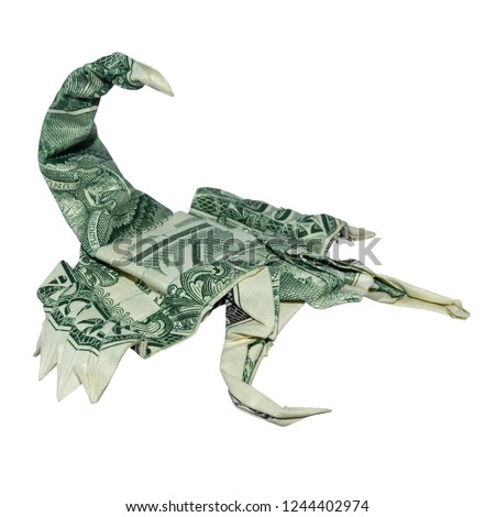 Money Origami Green SCORPION Folded with Real One Dollar Bill Scorpio Zodiac Sign Isolated on White Background