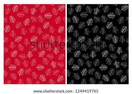 Abstract Floral Seamless Vector Patterns with White Spruce Tree Twigs Isolated on a Red and Gray Background. Simple Repeatable Winter Holidays Print with Christmas Tree Twigs. 