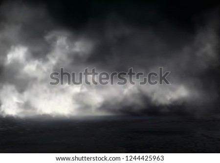 Morning fog or mist on river, smoke or smog spreading at dark water or ground surface realistic vector background. Natural phenomenon, mysterious atmosphere element, environment design visual effect