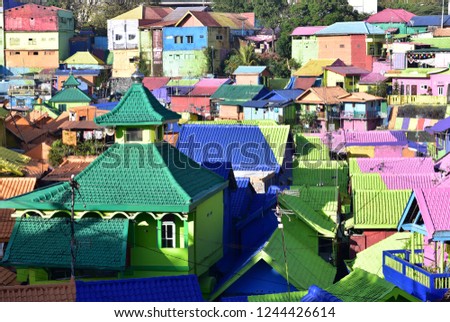 Skyline of Jodipan Village ( Kampung Warna Warni ) in Malang City and colorful rooftops, East Java, Indonesia