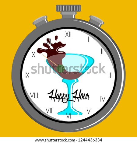 Happy hour poster with a winw glass inside a clock. Vector illustration design