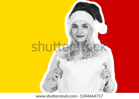Attractive smiling young girl dressed in Santa's hat listening the music by headphones and dreams about gifts. Christmas and New Year advertising concept. Magazine style fashion collage