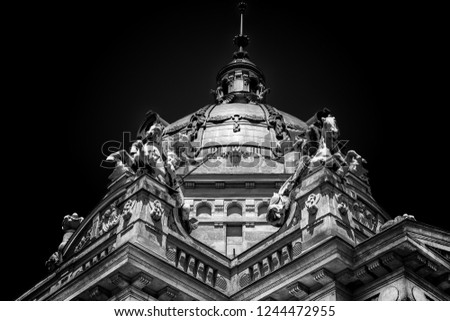 Dome in black and white using a dodge and burn technique to enhance the details of the architecture of this landmark in Hungary, Budapest. Sharp and detailed picture. Creative fine art of construction